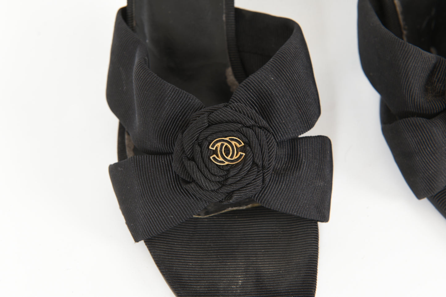 Chanel Coco Sandals Heels Shoes Flower Vintage Leather Black Size 37