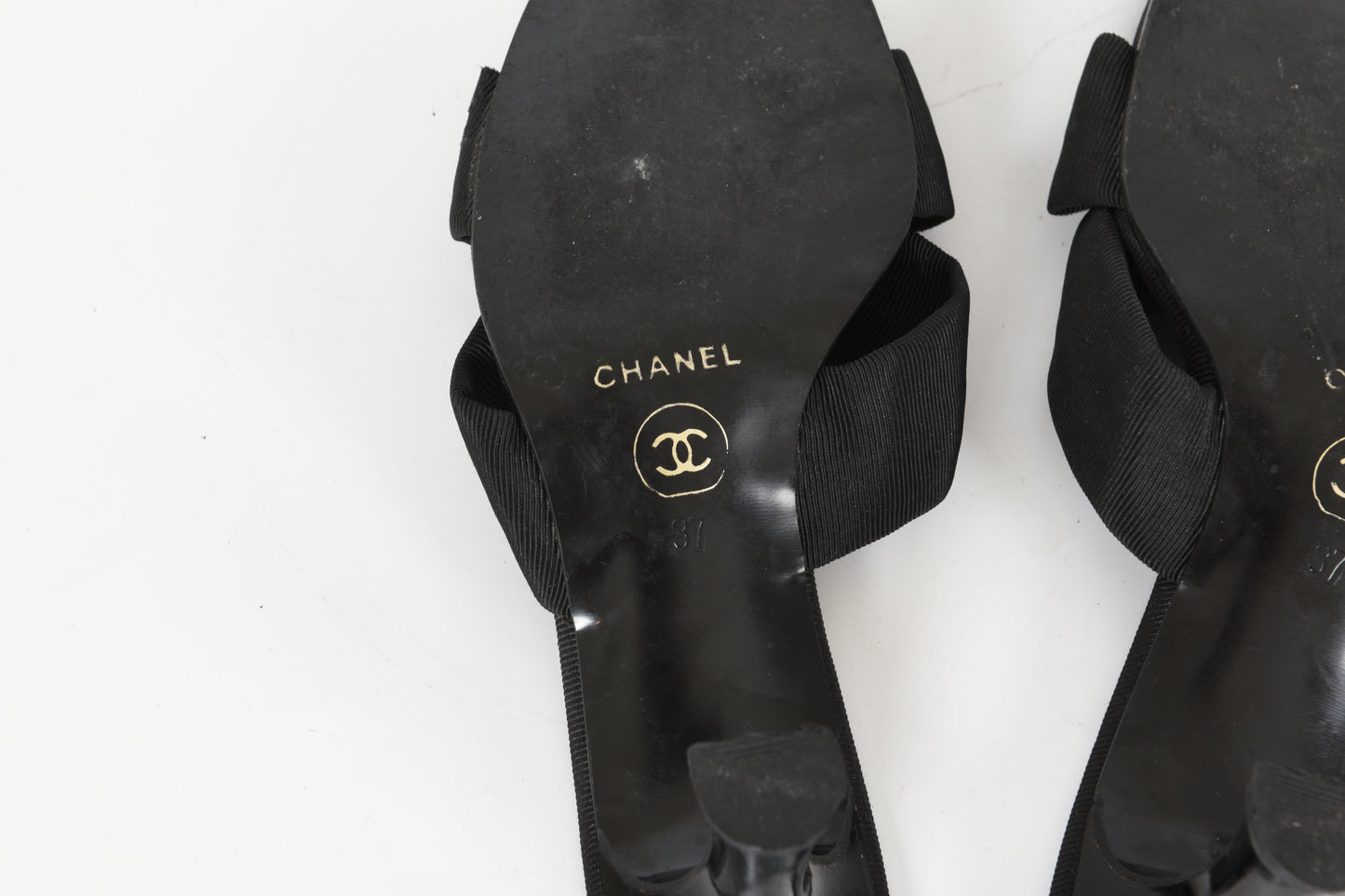 Chanel Coco Sandals Heels Shoes Flower Vintage Leather Black Size 37