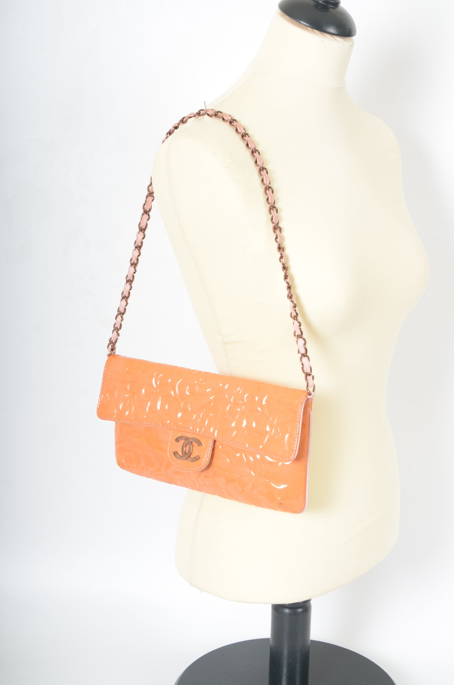 Chanel Chain Shoulder Camellia Coco Enamel Bag Hand Bag Orange Flower Patent Leather Flap Bag