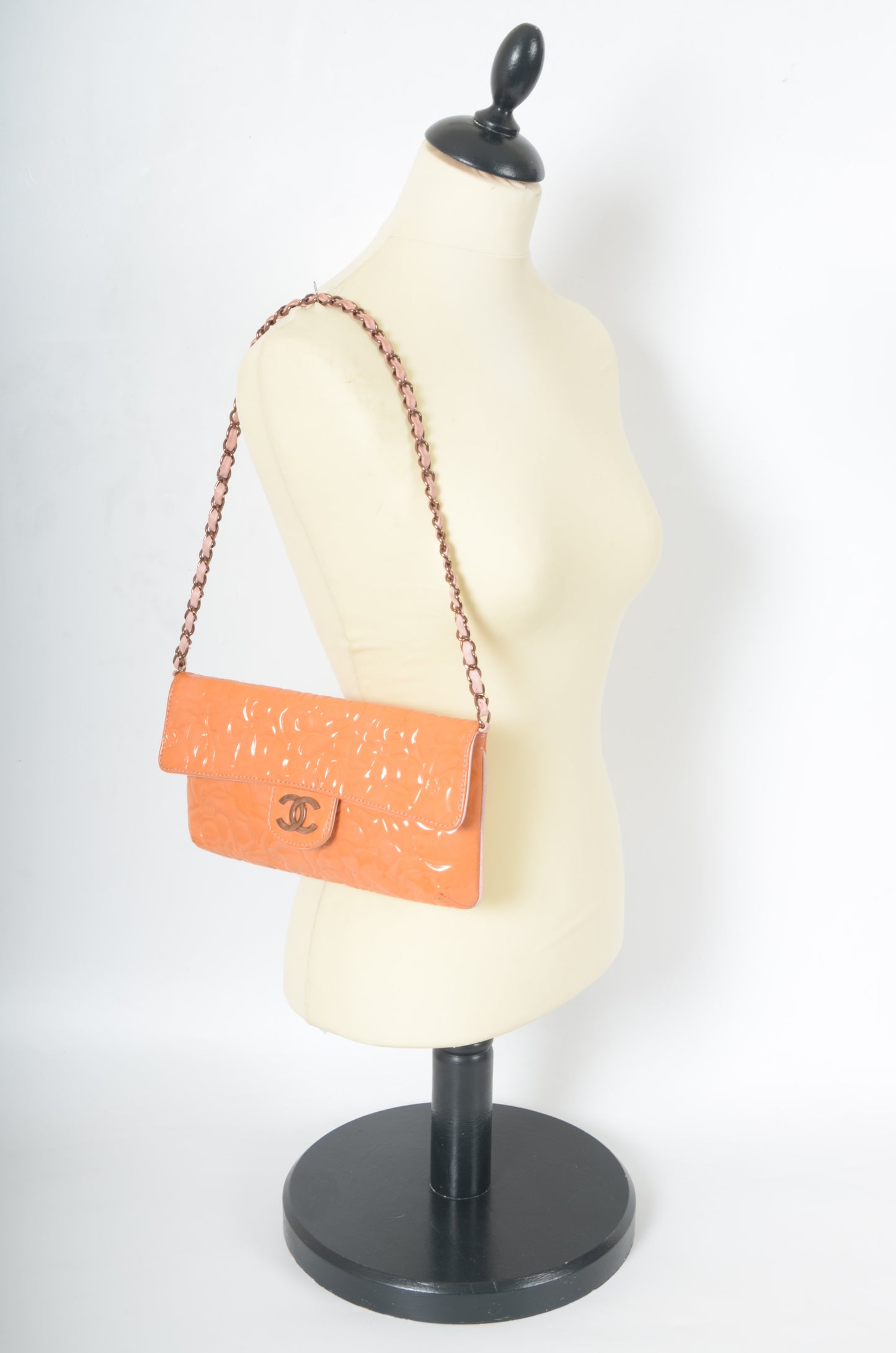 Chanel Chain Shoulder Camellia Coco Enamel Bag Hand Bag Orange Flower Patent Leather Flap Bag