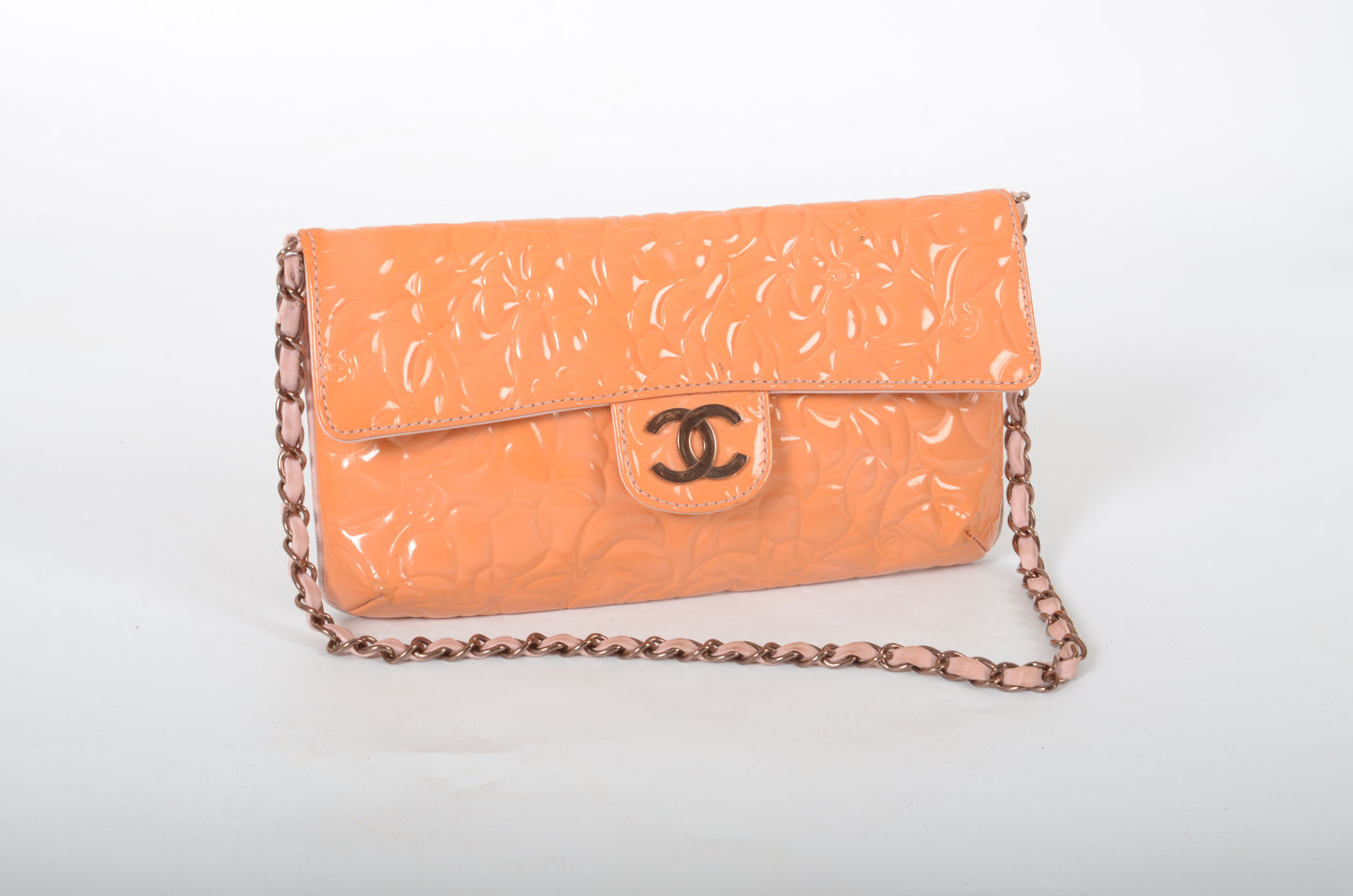 Chanel Chain Shoulder Camellia Coco Enamel Bag Hand Bag Orange Flower Patent Leather Flap Bag