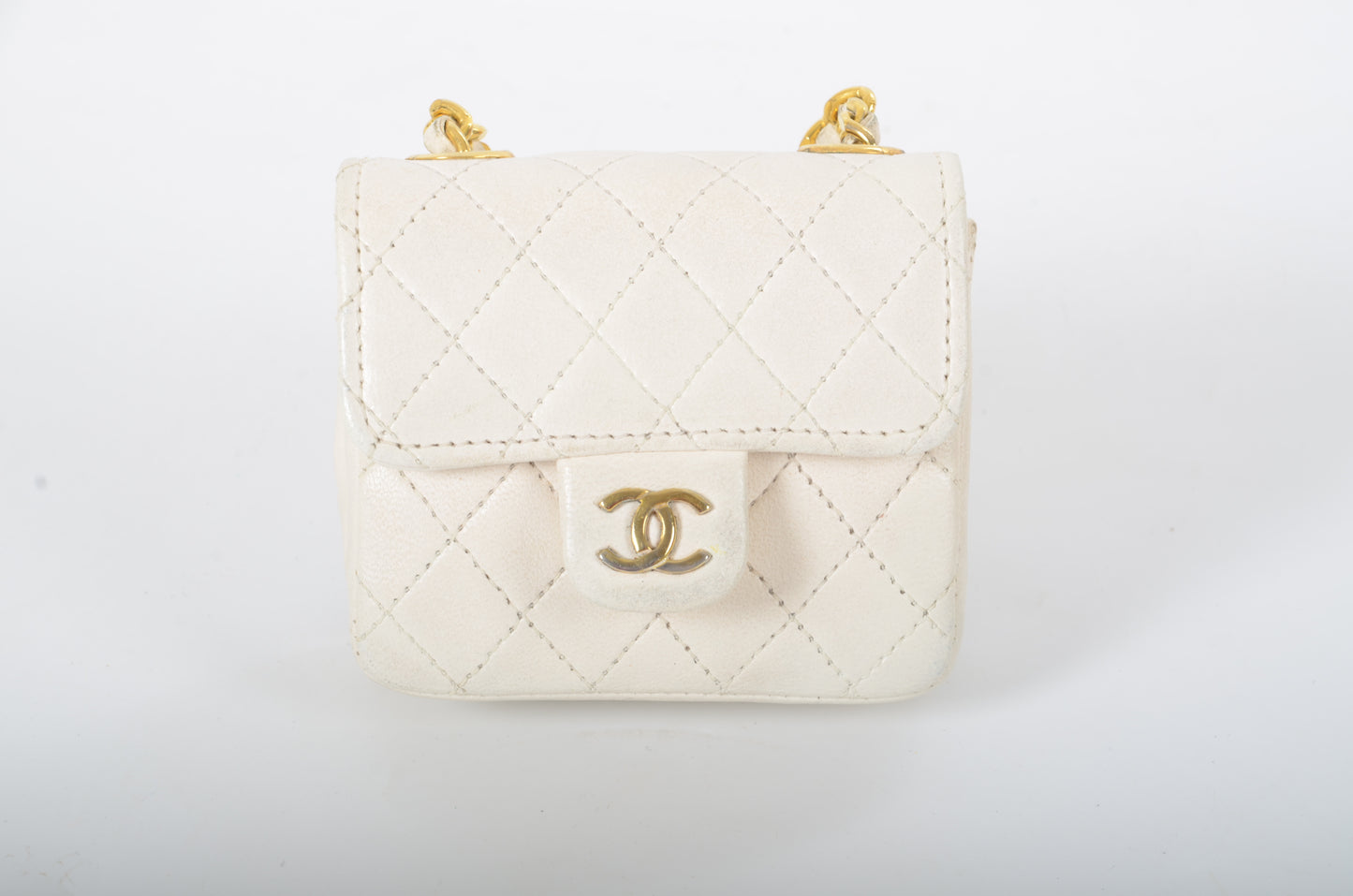 Chanel White Micro Bag Chain Belt Waist Bag Coco Mark Shoulder Pouch White 2way Lambskin Vintage