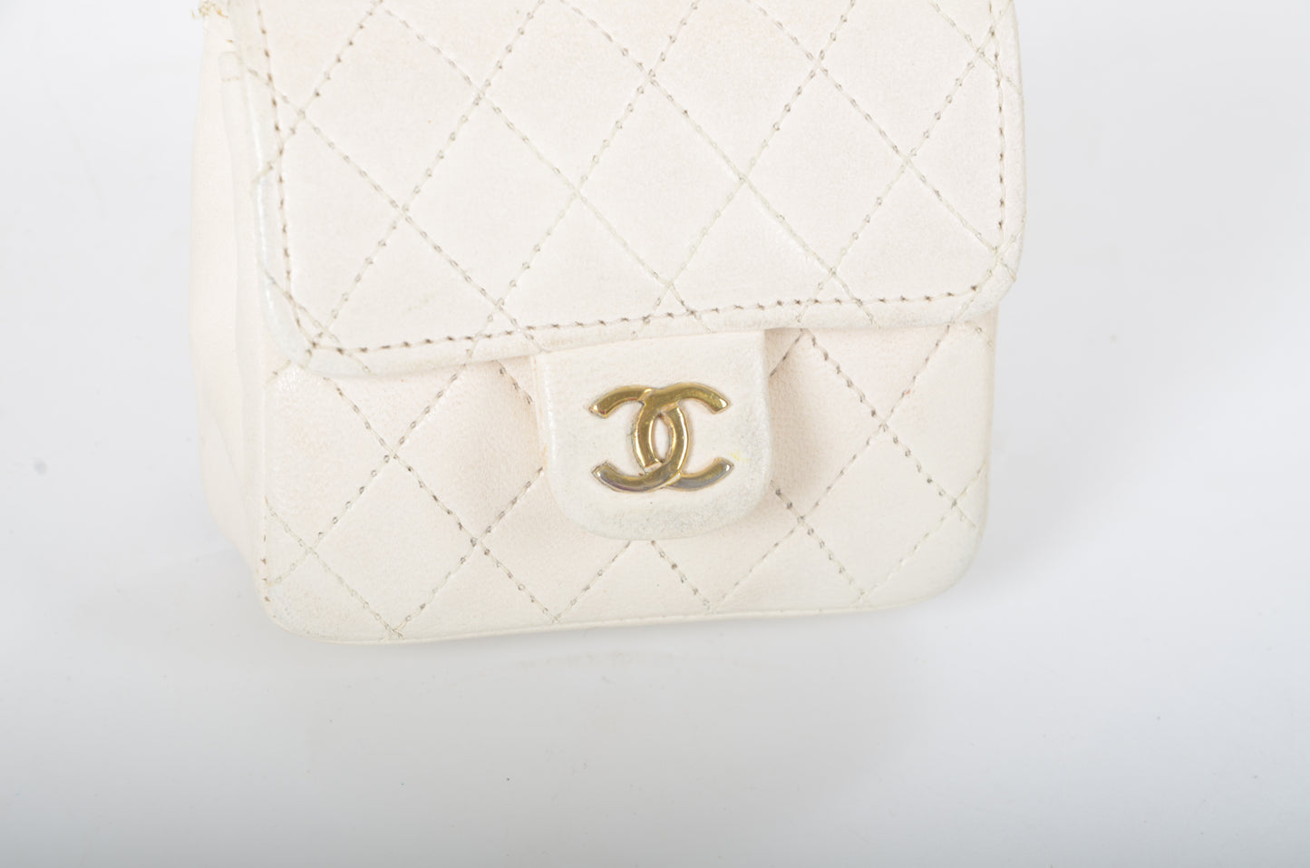 Chanel White Micro Bag Chain Belt Waist Bag Coco Mark Shoulder Pouch White 2way Lambskin Vintage