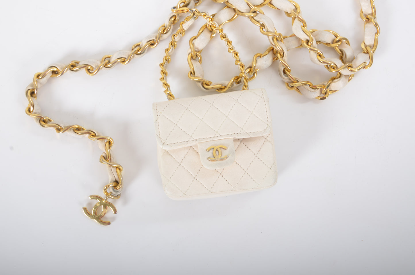 Chanel White Micro Bag Chain Belt Waist Bag Coco Mark Shoulder Pouch White 2way Lambskin Vintage