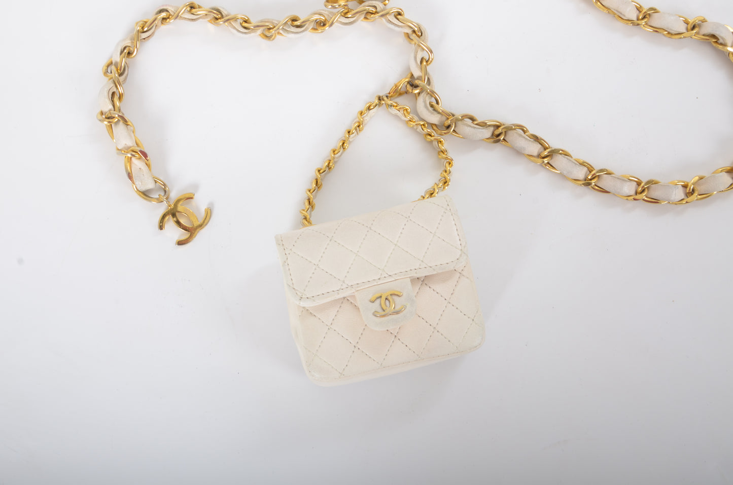 Chanel White Micro Bag Chain Belt Waist Bag Coco Mark Shoulder Pouch White 2way Lambskin Vintage