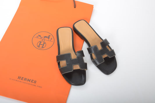 Hermès Oran Sandals Shoes Leather H Logo Calfskin Flats Size 35 1/2