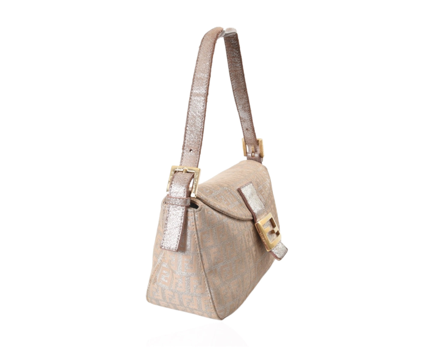 Fendi Monogram Zucca Metallic Shoulder Baguette Bag Pink Silver Gold