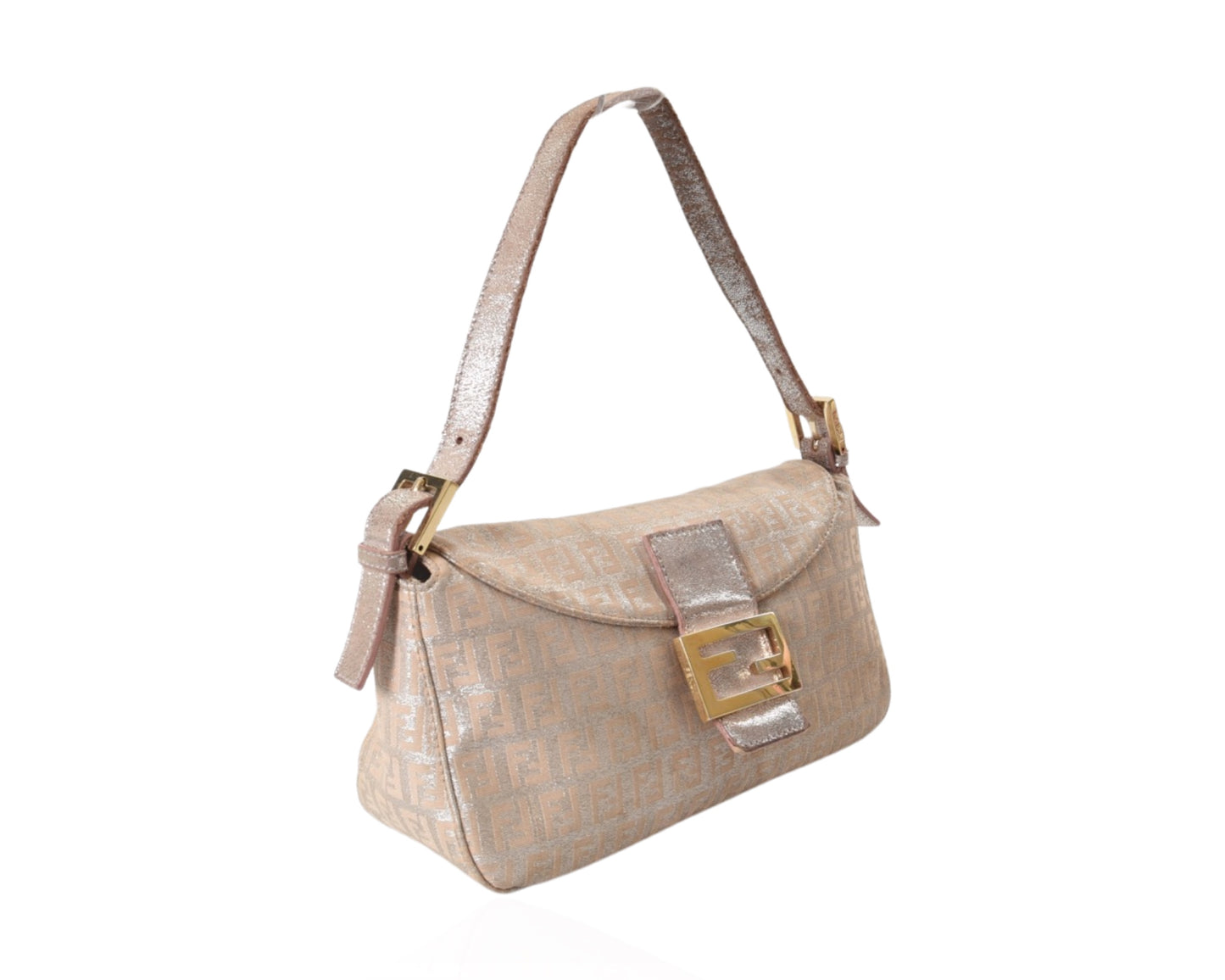 Fendi Monogram Zucca Metallic Shoulder Baguette Bag Pink Silver Gold