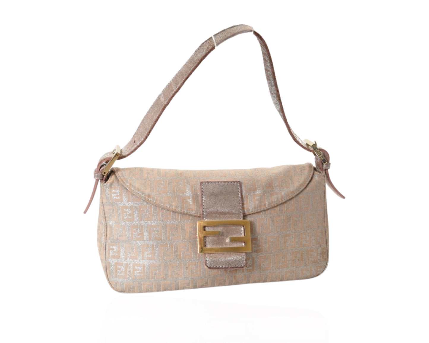 Fendi Monogram Zucca Metallic Shoulder Baguette Bag Pink Silver Gold