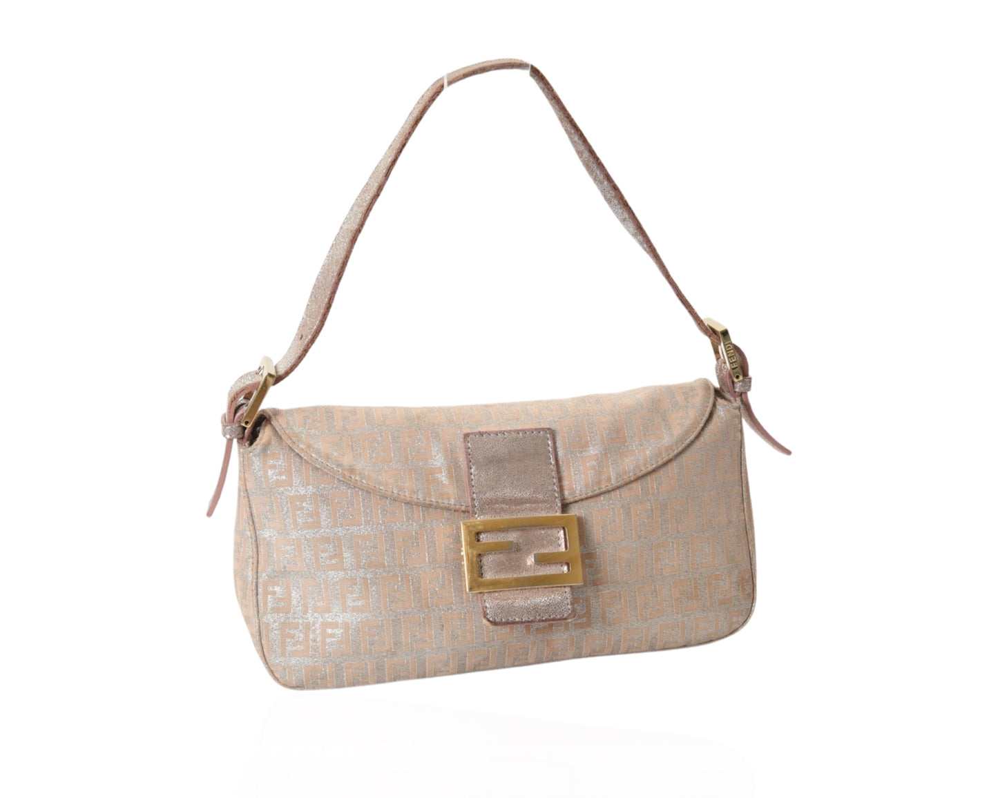 Fendi Monogram Zucca Metallic Shoulder Baguette Bag Pink Silver Gold