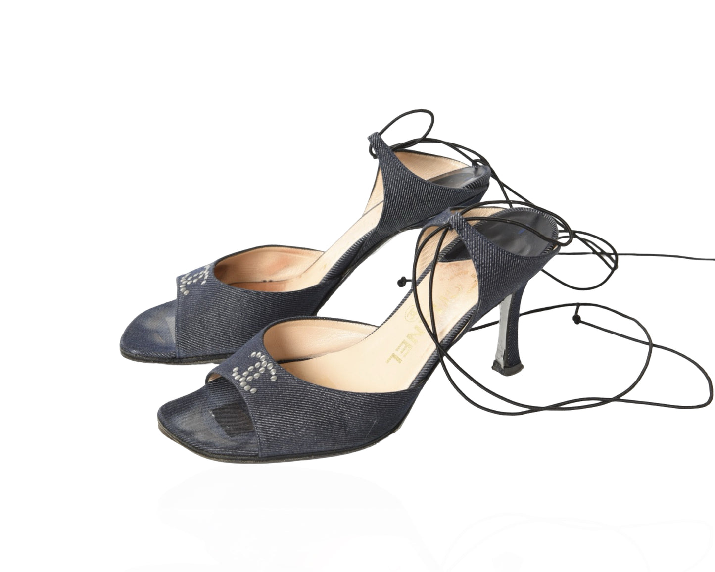 Chanel Rare Sandals Heels Denim Laces Blue Vintage CC Logo  Size 35,5