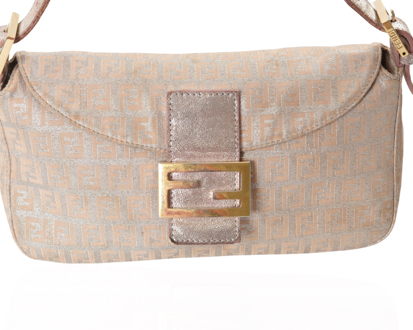 Fendi Monogram Zucca Metallic Shoulder Baguette Bag Pink Silver Gold