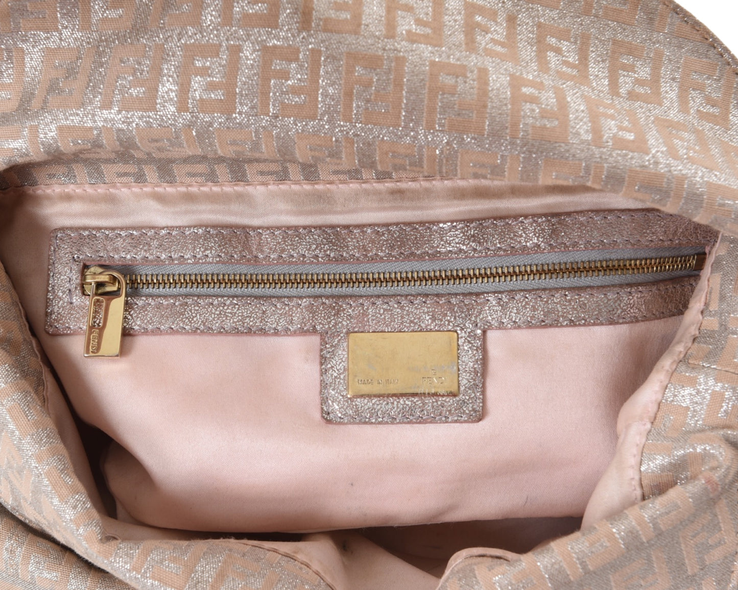 Fendi Monogram Zucca Metallic Shoulder Baguette Bag Pink Silver Gold