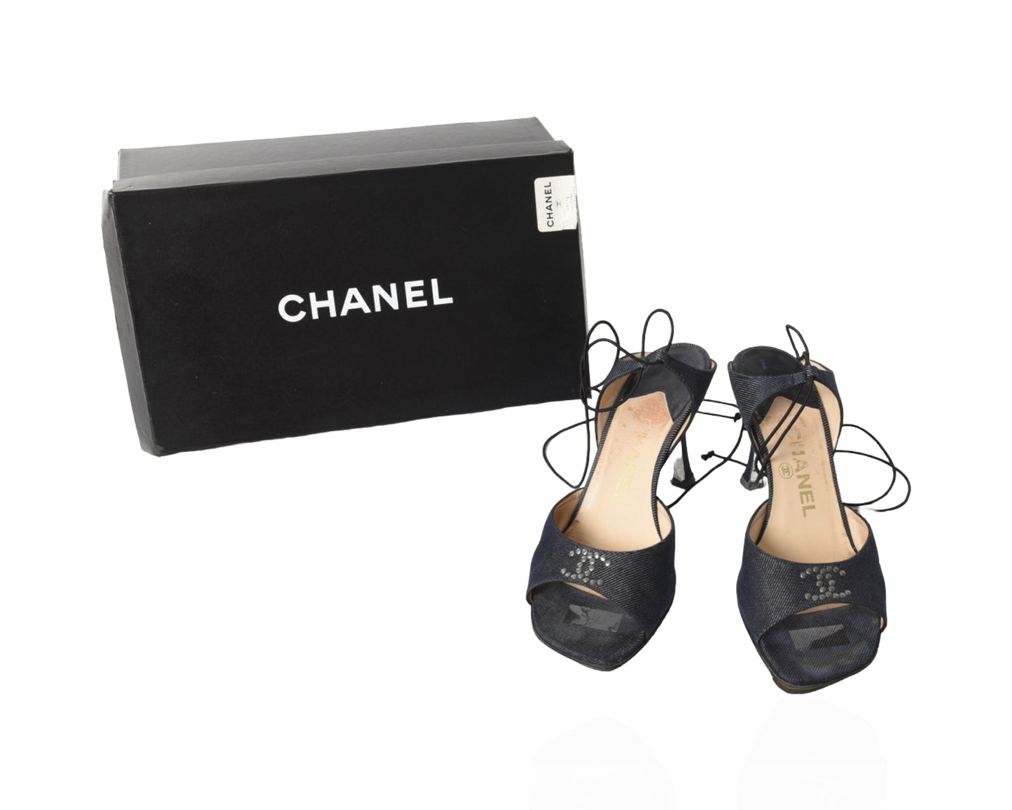 Chanel Rare Sandals Heels Denim Laces Blue Vintage CC Logo  Size 35,5