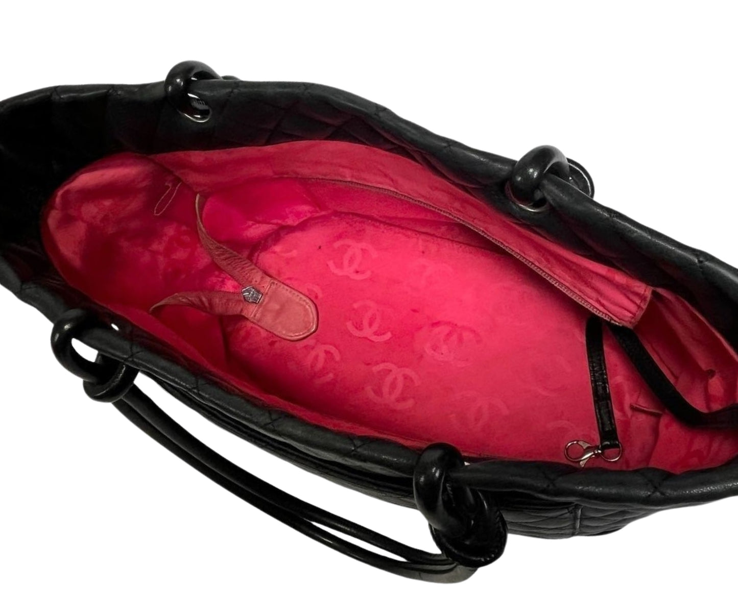 Chanel Cambon Tote Shoulder Bag Handbag Black Quilted Leather White