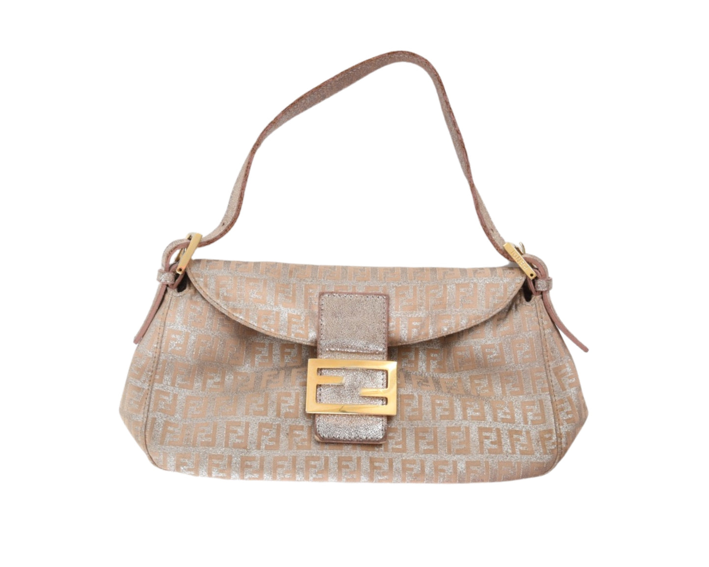 Fendi Monogram Zucca Metallic Shoulder Baguette Bag Pink Silver Gold