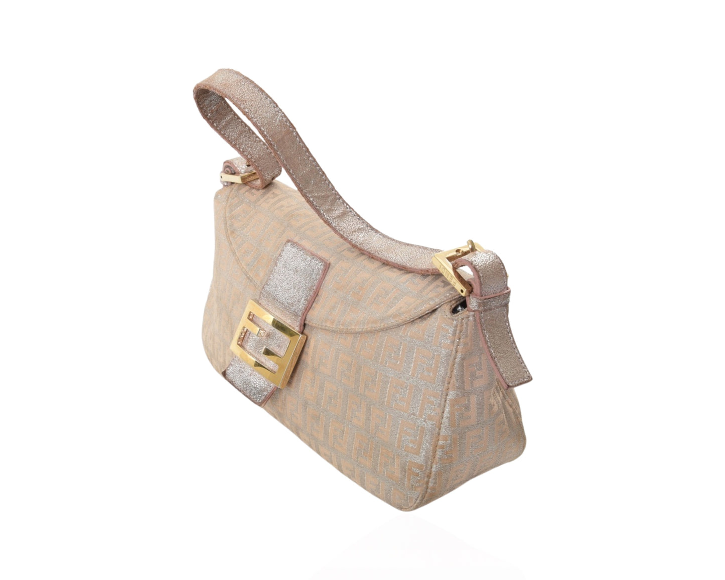 Fendi Monogram Zucca Metallic Shoulder Baguette Bag Pink Silver Gold