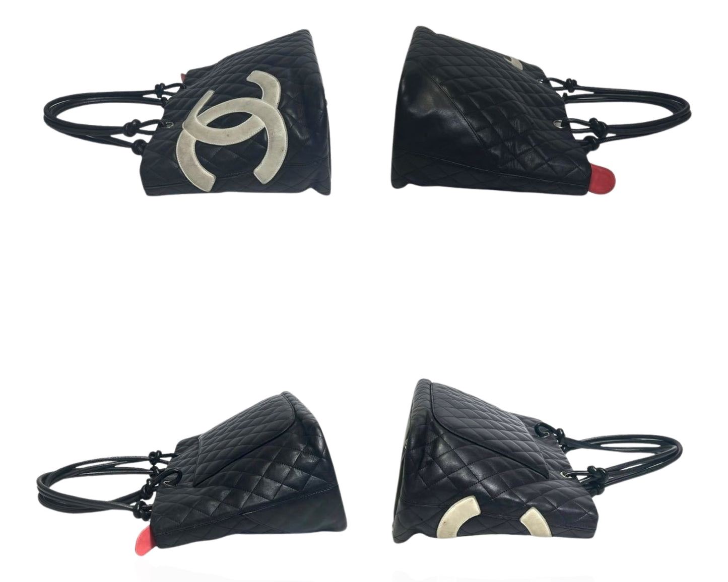 Chanel Cambon Tote Shoulder Bag Handbag Black Quilted Leather White
