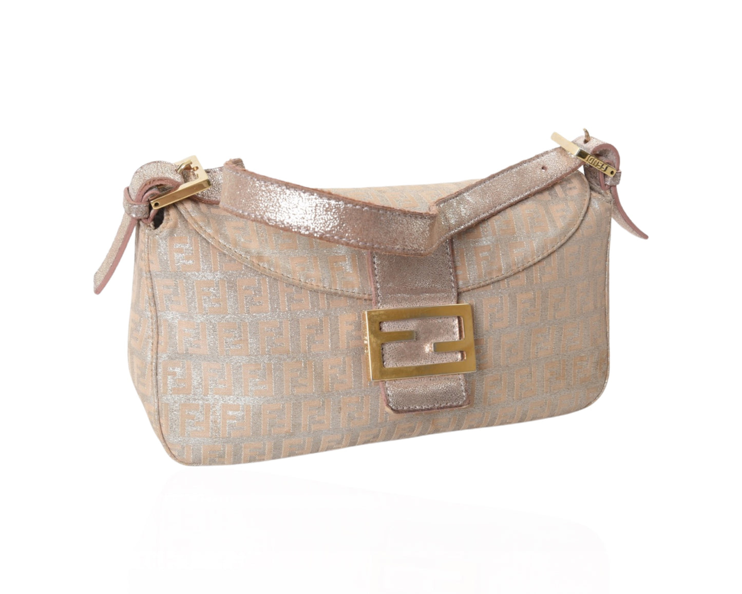 Fendi Monogram Zucca Metallic Shoulder Baguette Bag Pink Silver Gold