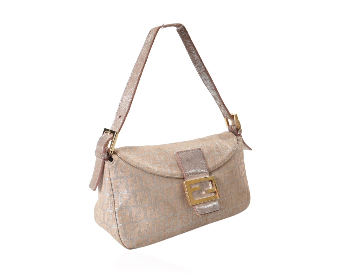 Fendi Monogram Zucca Metallic Shoulder Baguette Bag Pink Silver Gold