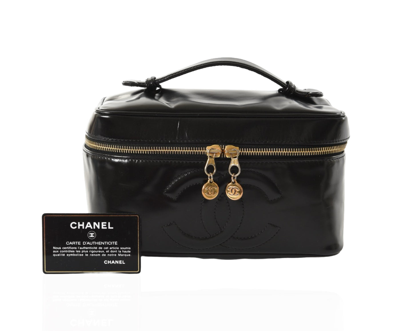 Chanel Vanity Bag CC Logo Vintage Patent Leather Black Make Up Clutch Pouch